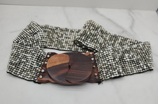 Womens 2.25" Wide Brown / White Beaded Stretchy Boho Belt Wood Clasps Size 32 in