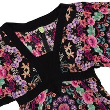 FARM RIO Women's M Black Multicolor Floral Kimono Sleeve Mini Boho Tunic Dress