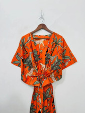 Indian Orange Tiger Handmade Cotton Kaftan Maxi Dress Women's Clothing Gown US
