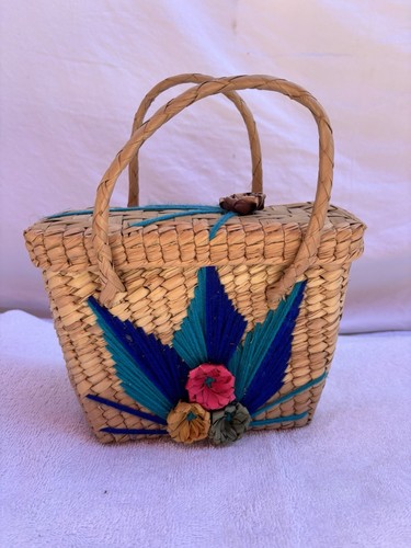 Vintage 60s Raffia Straw Woven Handbag Small Bag Purse 3D Flowers Made ...