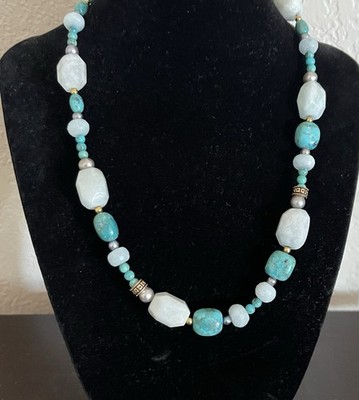 BARSE Turquoise, Gray Pearls & Light Blue Quartz Stone Beaded Necklace 17 -19 