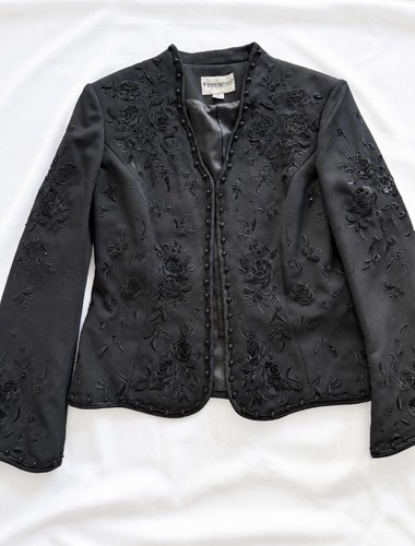 John Meyer of Norwich Black Beaded Embroidered Open Front Jacket Blazer Vintage