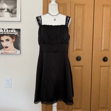 Cider Black Satin Lace Trim Mini Dress Square Neck Empire Waist Plus Size 0XL