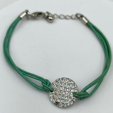 Vintage Lia Sophia Green Cord Bracelet Pave Crystal Disc Charm Adjustable Chain