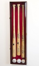 3 Baseball Bat Display Case Cherrry & Red Wall MLB Ball Frame Cabinet Shadow Box