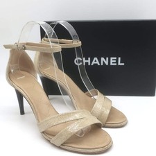 Vintage Chanel 05A Cracked Leather Ankle Strap Sandals Beige Size 38.5
