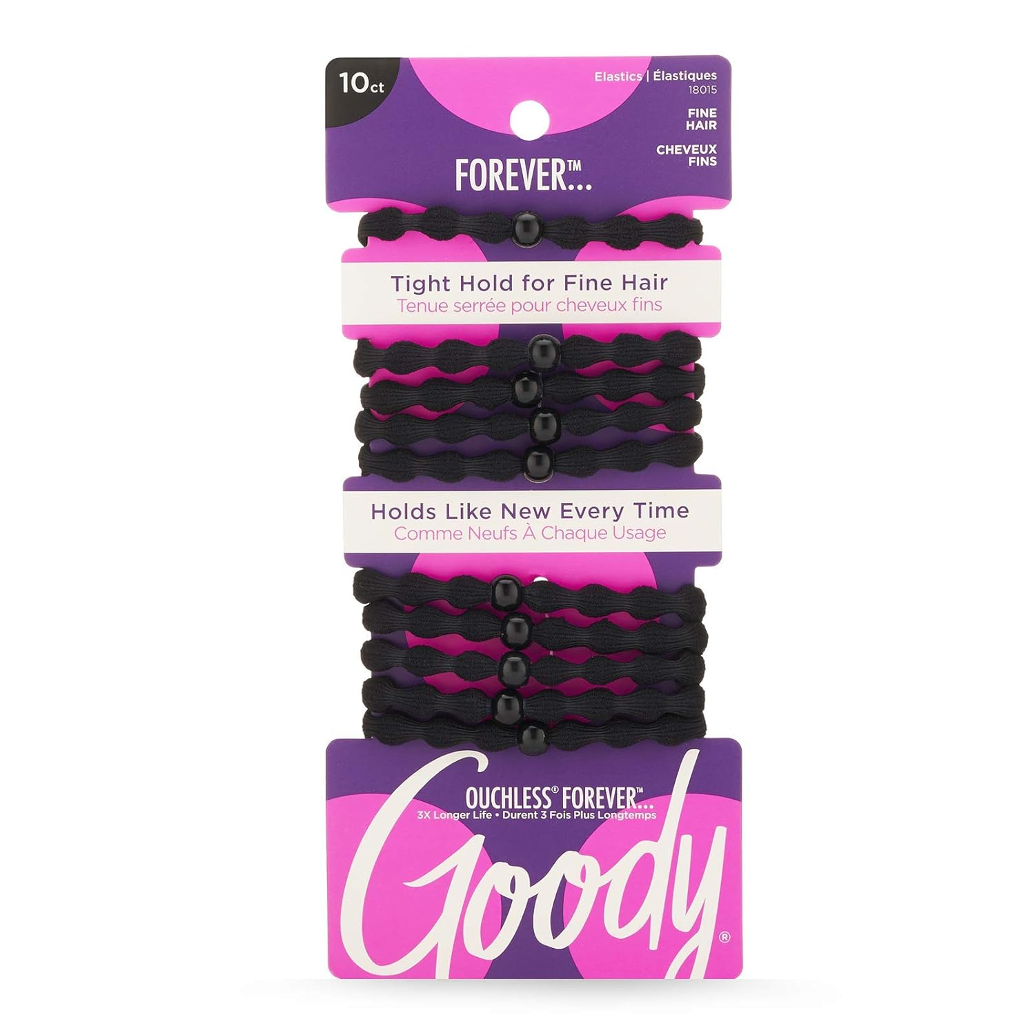 Ouchless Forever Fine Hair Elastics - 10 Ct, Black, Damage-Free Bands, 3X Strong