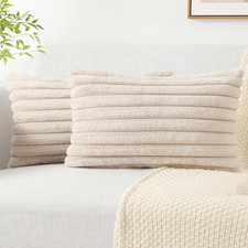 Faux Fur Plush Lumbar Throw Pillow Covers 12x20 Set of 2, Luxury Soft Fluffy Str