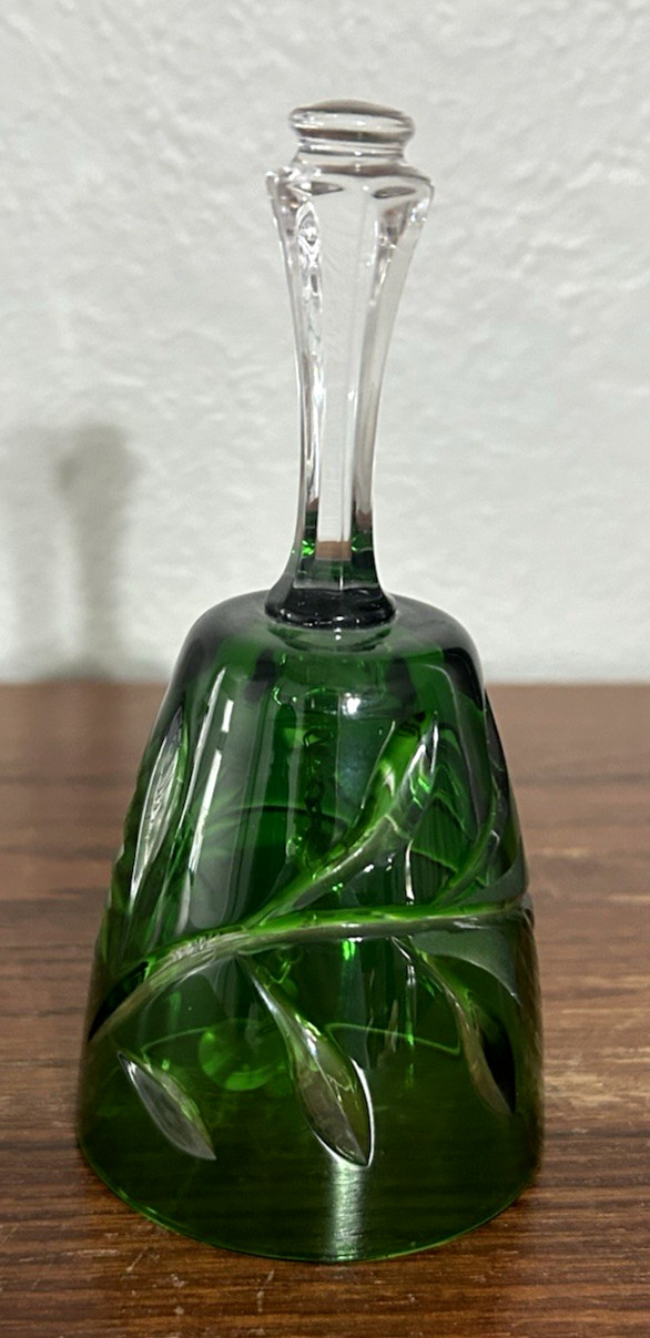 Vintage Bohemian Green Cut to Clear Crystal Bell Rare Sunflower Pattern 5-1/8"