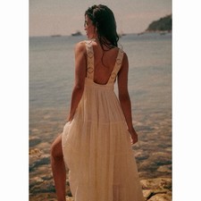 Sezane Lecce Maxi Dress Size 40- Beige Macrame Straps