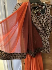 Pre-owned, Two-tone Plain Chiffon Saree With Brocade Blouse. Excellent Condition