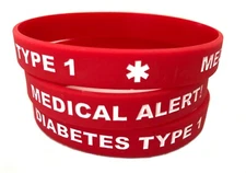 LARGE ADULT Diabetes Type 1 or 2 Red Silicone Medical ID Bracelets (Lot of 2)