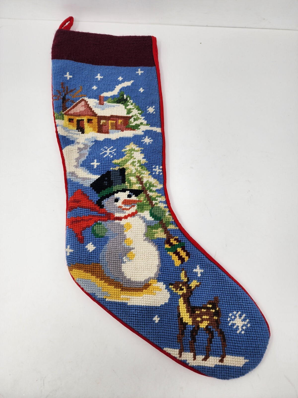 Imperial Elegance Needlepoint Christmas Stocking Snowman Cabin Deer