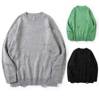Ripped Sweater Mens Japanese Cozy Knitted Solid Color Sweater