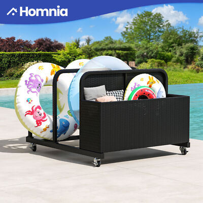 Outdoor Rattan Pool Float Storage Basket Box Noodles Rack Organizer w/ Wheels