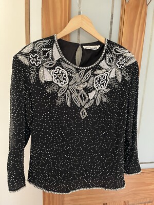 TOGETHER Damen schwarz Perlen Langarm 100 % Seide Bluse Top 14/16