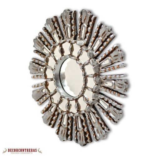 Round Sunburst Wall Mirror 11.8", Silver Leaf Wood Small Mirror for Wall Decor - Picture 3 of 4