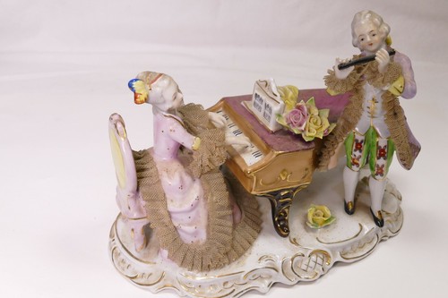 Vintage Porcelain Figurine Victorian Hand Painted Woman Playing Piano Man Flute - Picture 2 of 7