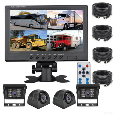 9'' Monitor Split Screen 2x Side View 2x Rear View Backup Camera 12-24v For Truck