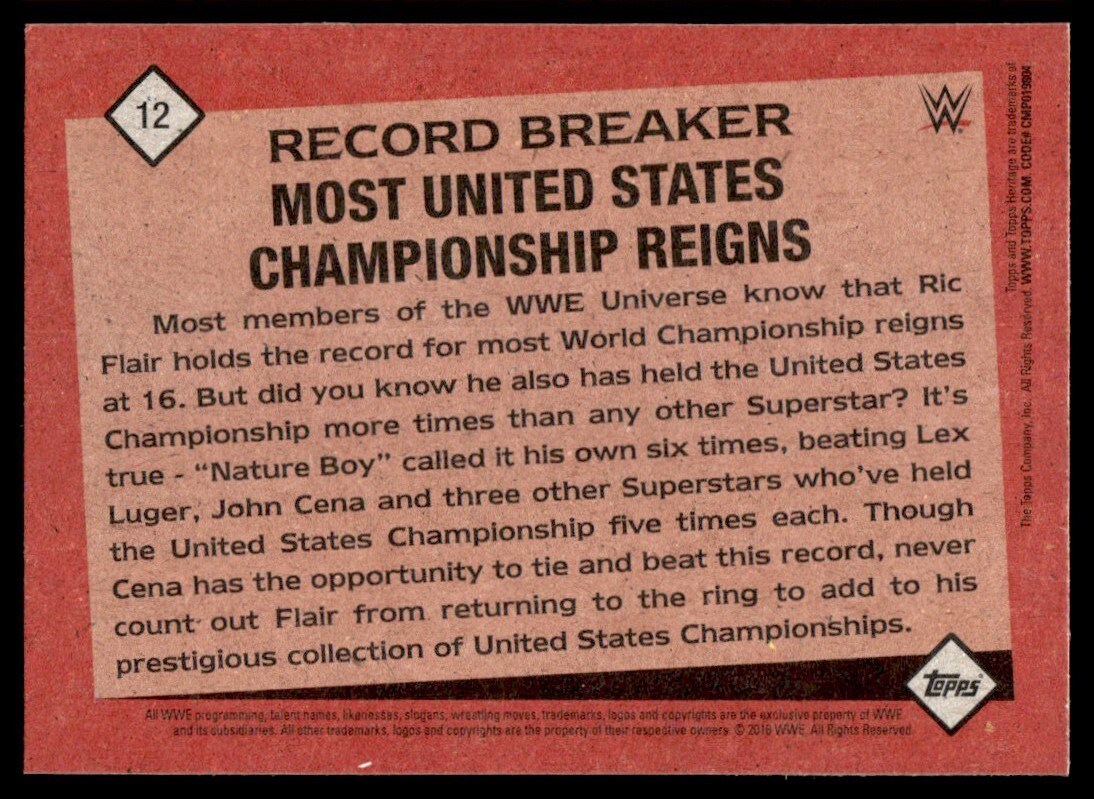 2016 Topps WWE Heritage Record Breakers Ric Flair #12 Insert