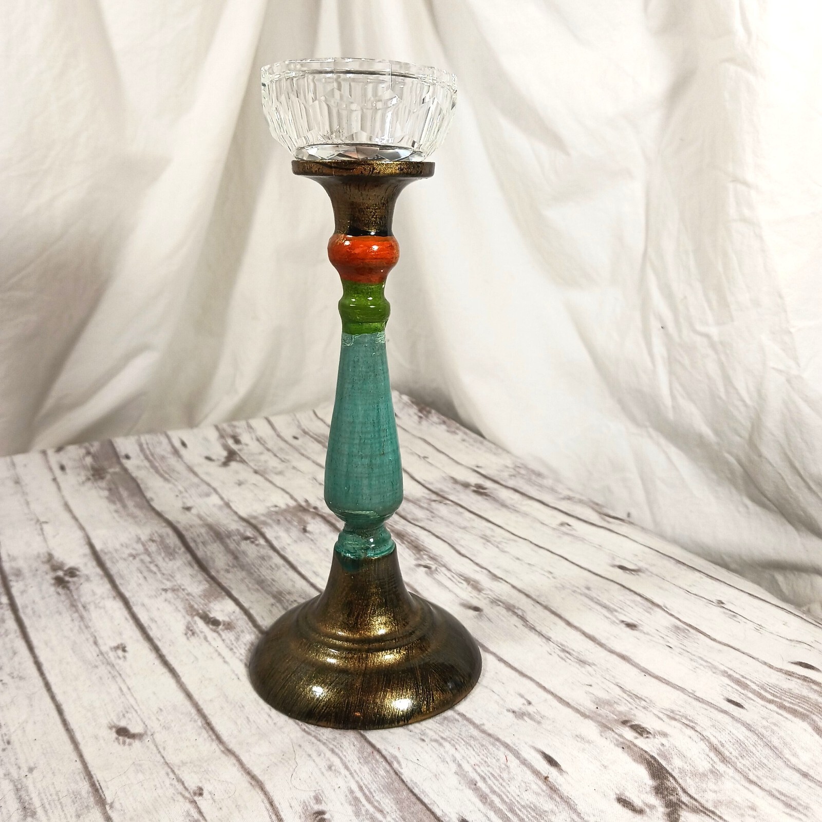 Teal Orange Bronze Metal Candle Holder with Glass Tea Light Dish 8.75 Inch-image