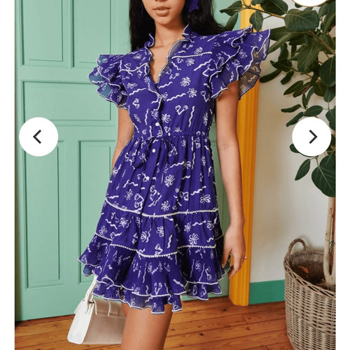 CeliaB Sabrina Blue Floral Pearl Trim Ruffle Dress | M