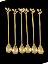 Set of 6 Long Handle Gold Metal Iced Tea Spoons Leaf Motif