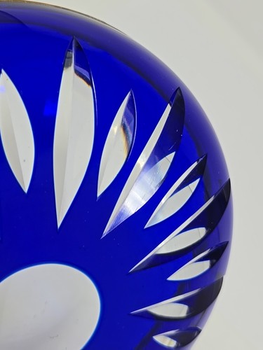 Antique Bohemian Glass Cobalt Blue Cut To Clear Nut / CandyDish 6" Bronze Rim - Picture 10 of 11