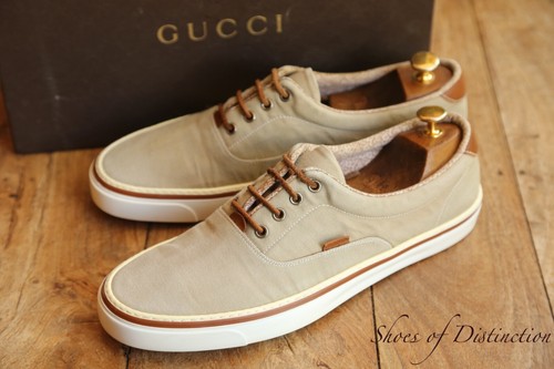 Gucci Tan Leather Light Khaki Canvas Boat Deck Shoes Boot Mens UK 9 US 10 EU 43