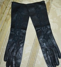 VINTAGE FRANCE LADIES LONG 13" GLOVES KID LEATHER BLACK CUT-OUTS SIZE-S