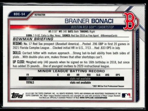 2021 Bowman Chrome Draft Refractor #BDC-54 Brainer Bonaci - Picture 2 of 2