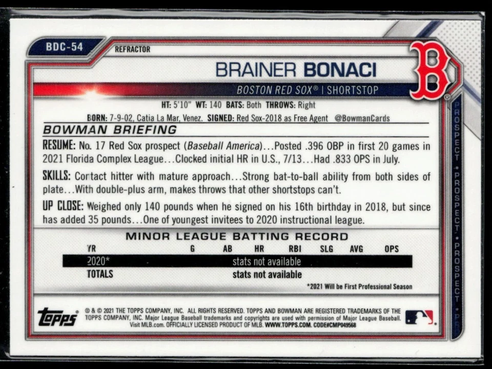 2021 Bowman Chrome Draft Refractor #BDC-54 Brainer Bonaci - Image 2 of 2