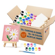 Mini Canvas and Easel Set with 10 Colors Acrylic Paint in Bulk Set of 12 - Ki...