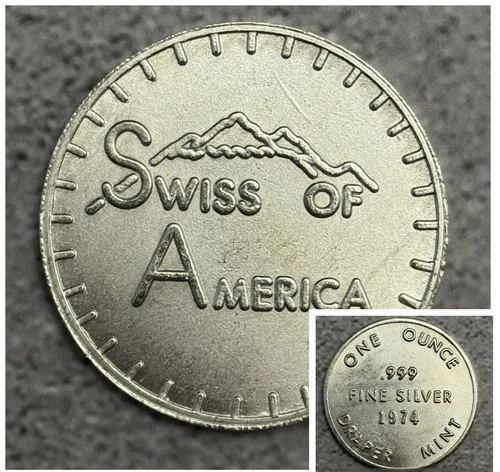 Rare 1974 Draper Mint Swiss Of America 1 oz .999 Fine Silver Bullion