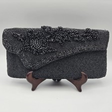 VTG 1950s Black Beaded Evening Clutch Floral Raised 3D Detail Crown Snap...