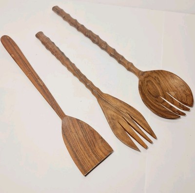3er Set große Salat Servierlöffel und Gabel aus Teakholz ~ 36 cm - 42 cm
