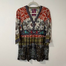 Johnny Was Silk Pattern Tunic Top Shirt Blouse Colorful Embroidered Artsy Boho