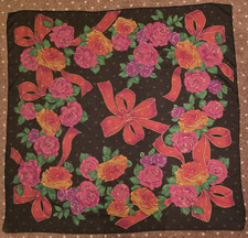 RED ROSES  RIBBONS Scarf Flowers Gold Accents Sheer Black Pink Green SQ 34"