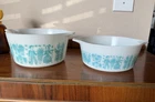 Vintage PYREX Turquoise on Opal Amish BUTTERPRINT Casserole 472 and 473