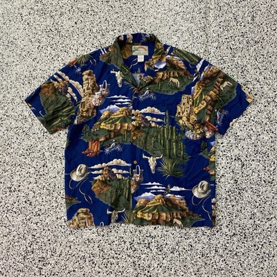 Vintage Paradise Found Hawaiian Western Native American Desert Shirt Large Rayon