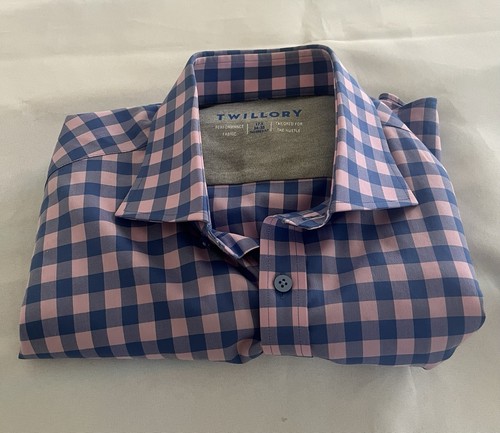 NWOT Twillory Shirt Mens 17.5 34 35 Pink Blue Check Performance Tailored Fit