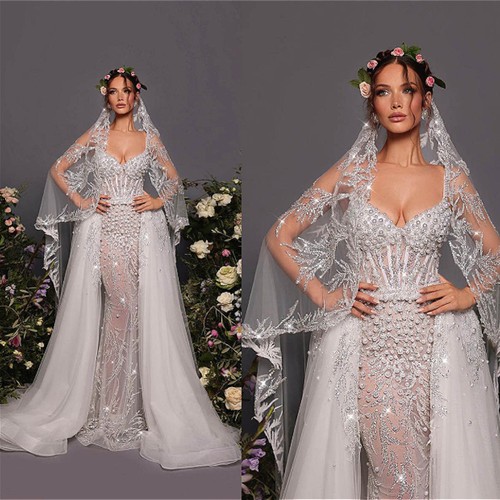 Gorgeous Pearls Mermaid Wedding Dress with Detachable Train V-neck for Bride - Picture 9 of 11