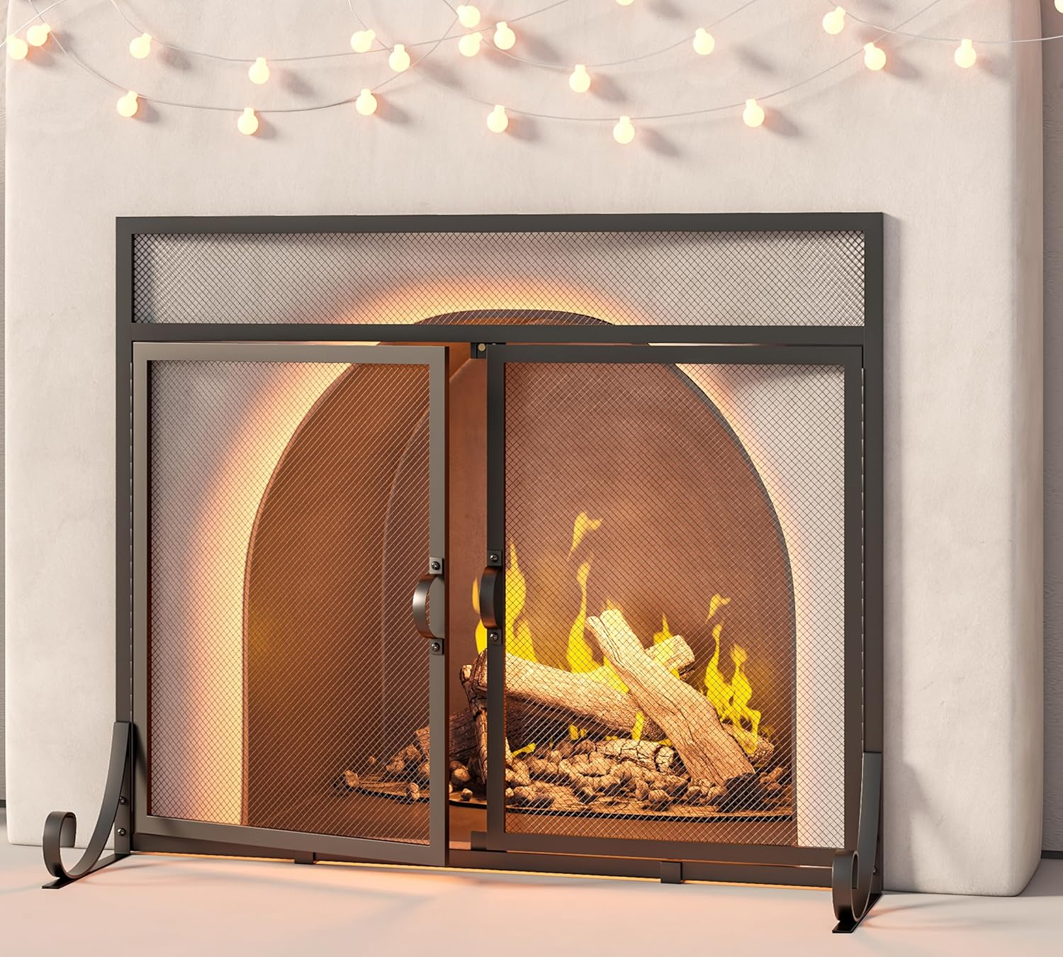 Flat Fireplace Screen with Doors,Solid Wrought Iron Frame with Metal ...