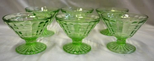 6 Vintage Anchor Hocking 4 Green Sherbet Cup Uranium Depression Glass Dessert