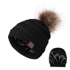 Satin Lined Beanie Winter Hats Silk Lining for Women One Size, A Black