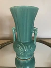 Vintage McCoy Pottery Aqua Vase Double Handles Vase Pedestal Style 1940s USA 8"