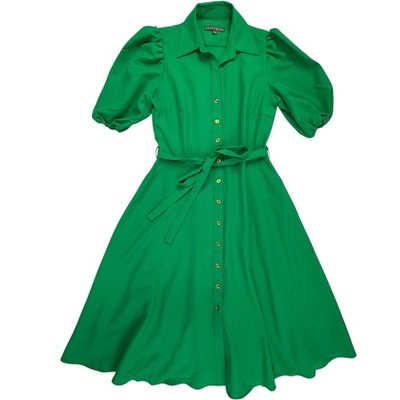 NEW Sharagano Belted Puff Sleeve Fit & Flare Dress Women 4 Green Full Skirt