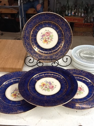 Vintage Stetson 22Kt Gold Cobalt Blue Gold 11" Dinner Plate Usa Set of 4 Floral