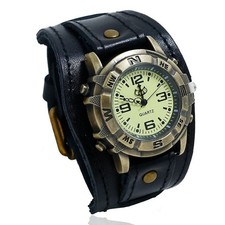 NEW Wide Leather Watch Cuff Band Brown Wrist Black Strap Punk Retro Quartz Mens