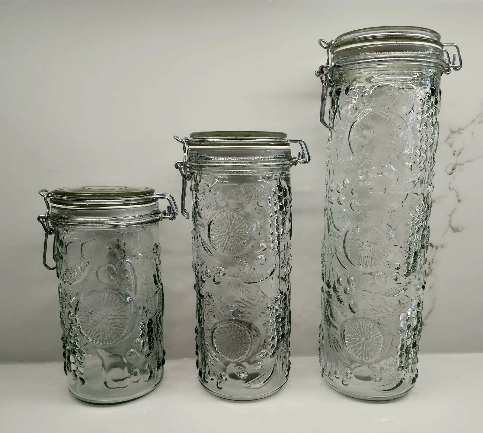 Set of Three Vintage Fruit Embossed/Pressed Clear Glass Canisters Glass Jars